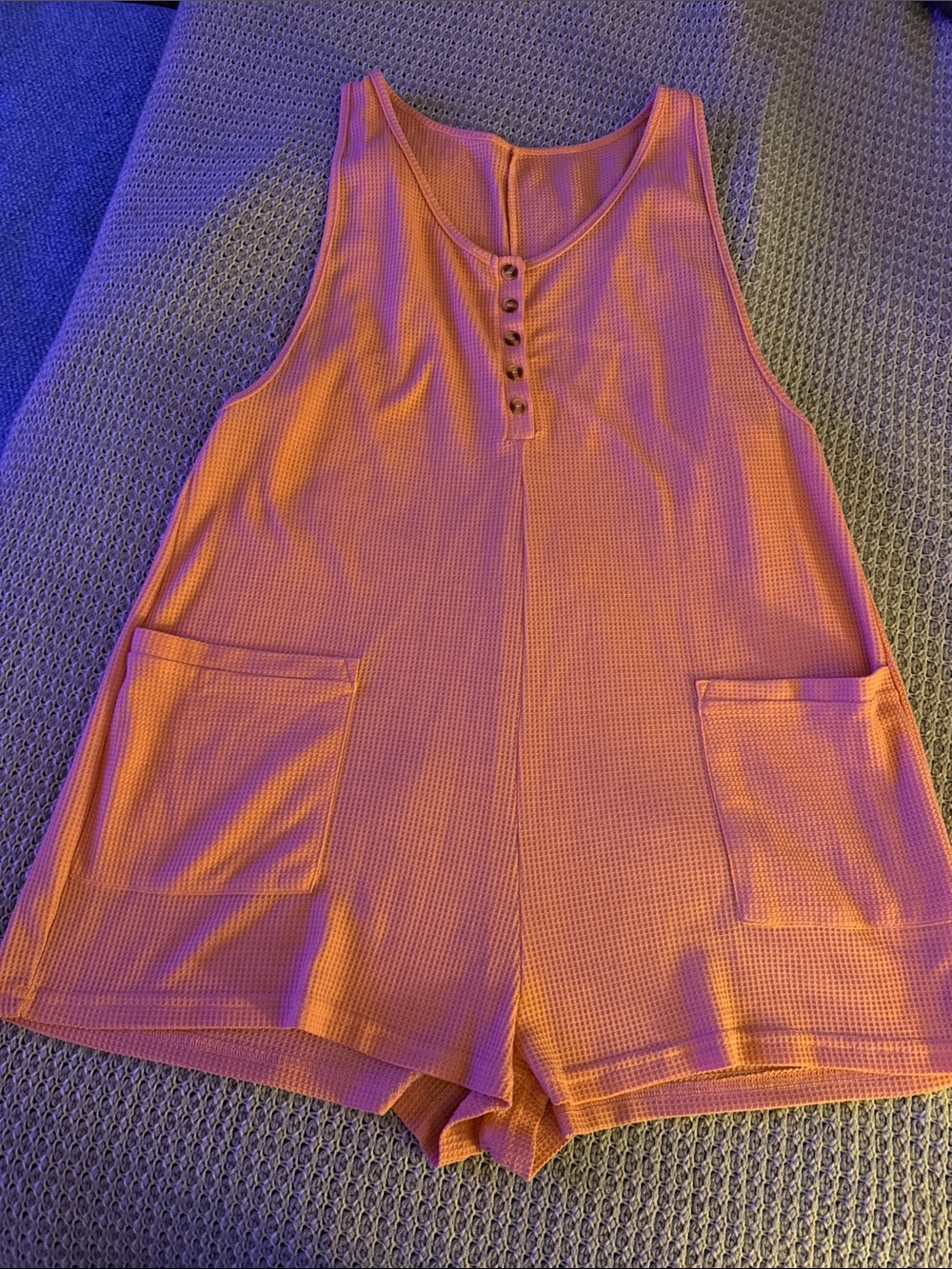 Sleeveless Waffle-Knit Romper in Coral Orange